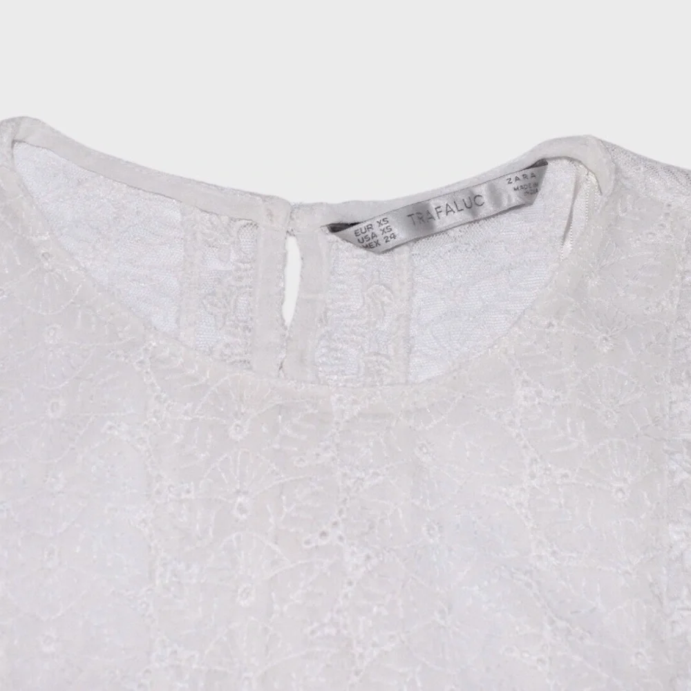 Zara Trafaluc Sheer Embroidered Lace Long Sleeve Top with‎ Back Buttons